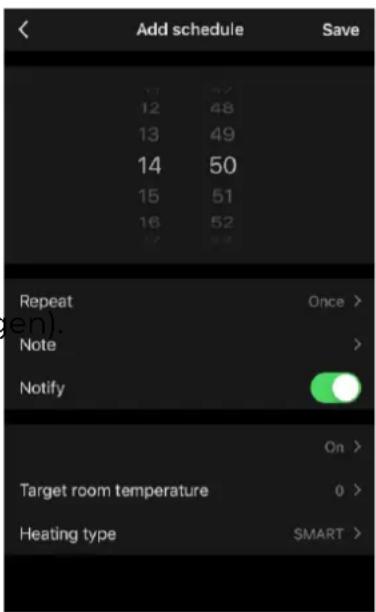 Add schedule Save 11 42 12 48 13 49 14 50 15 51 16 52 17 53 Repeat Once > gen). Note > Notify On > Target room temperature 0 > Heating type SMART >