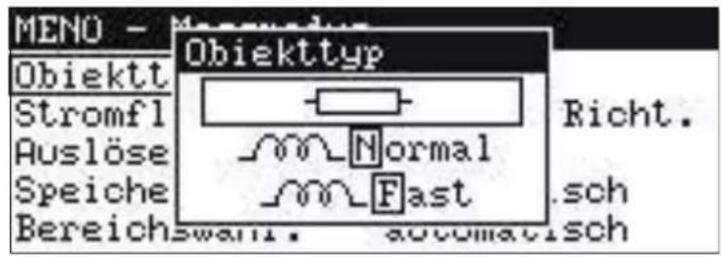 MENÖ - Obiekttyp Stromf1 Auslöse Speiche Bereichswaft. Automatisch Obiekttyp Normal Fast Richt. sch