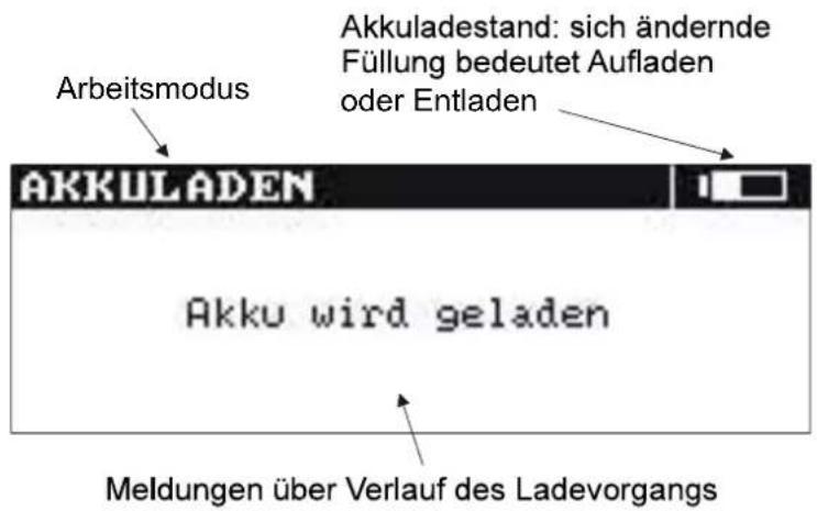 Arbeitsmodus AKKULADEN Akku wird geladen Meldungen über Verlauf des Ladevorgangs Akkuladestand: sich ändernde Füllung bedeutet Aufladen oder Entladen