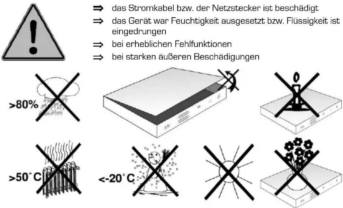 das Stromkabel bzw. der Netzstecker ist beschädigt das Gerät war Feuchtigkeit ausgesetzt bzw. Flüssigkeit ist eingedrungen bei erheblichen Fehlfunktionen bei starken äußeren Beschädigungen >80% >50°C <-20°C
