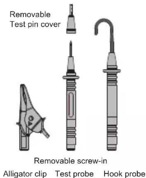 Removable Test pin cover Removable screw-in Alligator clip Test probe Hook probe