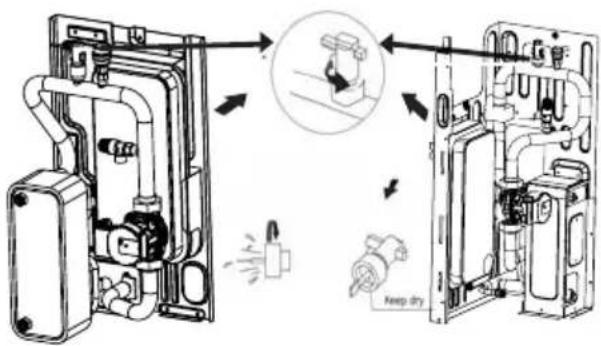 Technical diagram illustrating the internal components of a refrigerated appliance with labeled parts and directional arrows indicating flow or assembly.
