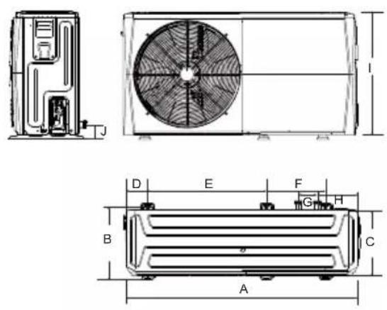 Technical diagram of a heat exchanger unit with labeled components and dimensional annotations