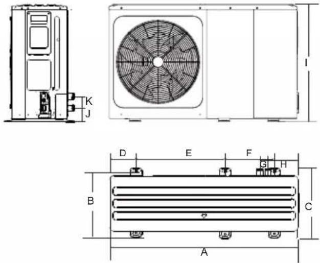 Technical diagram of a heat exchanger unit with labeled components and dimensional annotations