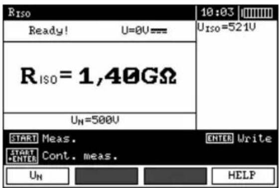 Riso Ready! U=0V== Riso=1,40GΩ UN=500V 10:03 UISO=521V START Meas. ENTER Write START CONT. meas. UN HELP