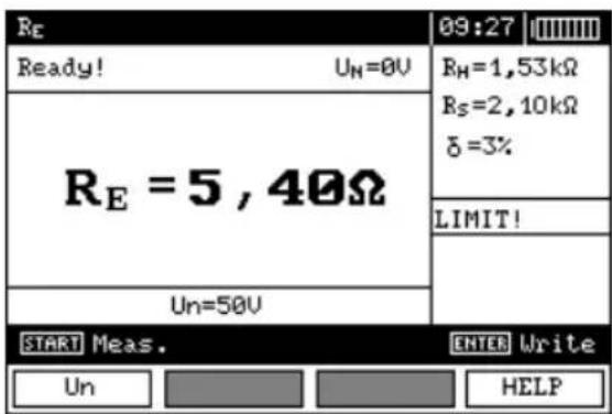 Re Ready! UN=0V RE = 5 , 40Ω Un=50V 09:27 RH=1,53kΩ Rs=2,10kΩ δ=3% LIMIT! START Meas. ENTER Write Un HELP