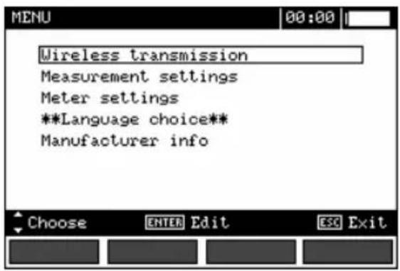 Wireless transmission Measurement settings Meter settings **Language choice** Manufacturer info