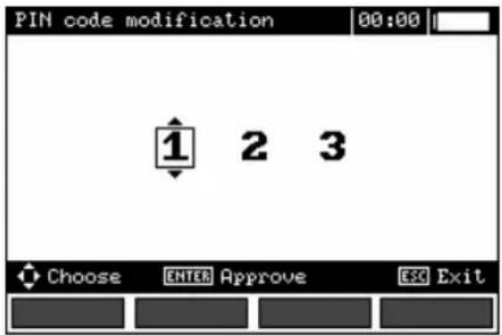 PIN code modification 00:00 1 2 3 Choose ENTER Approve ESC Exit