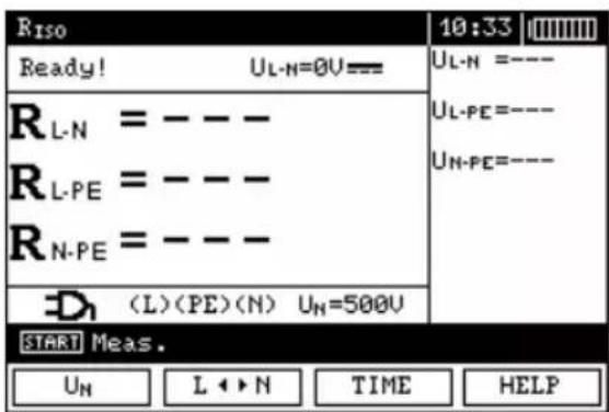 Riso 10:33 Ready! UL-N=0V== UL-N =--- UL-PE=--- UN-PE=--- RL-N = ---- RL-PE = ---- RN-PE = ---- (L)(PE)(N) UN=500U START Meas. UN L ↔ N TIME HELP
