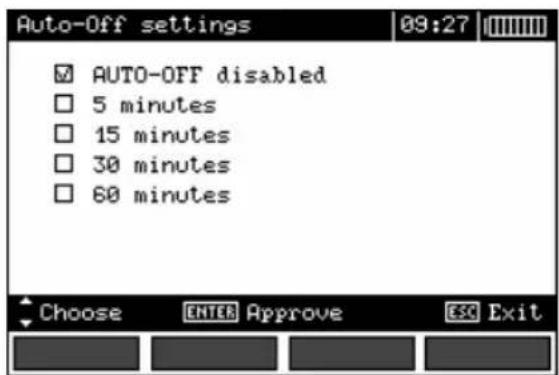 Auto-Off settings ✓ AUTO-OFF disabled □ 5 minutes □ 15 minutes □ 30 minutes □ 60 minutes Choose ENTER Approve ESC Exit