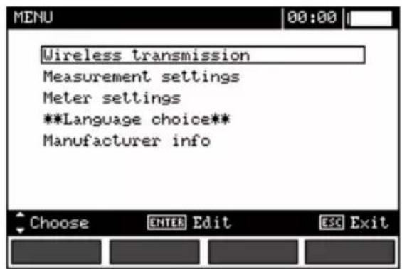 Wireless transmission Measurement settings Meter settings **Language choice** Manufacturer info