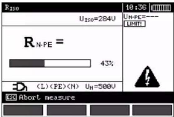RISO 10:36 UISO=284V UN-PE=--- LIMIT! RN-PE = 43% (L)(PE)(N) UN=500V ESC Abort measure