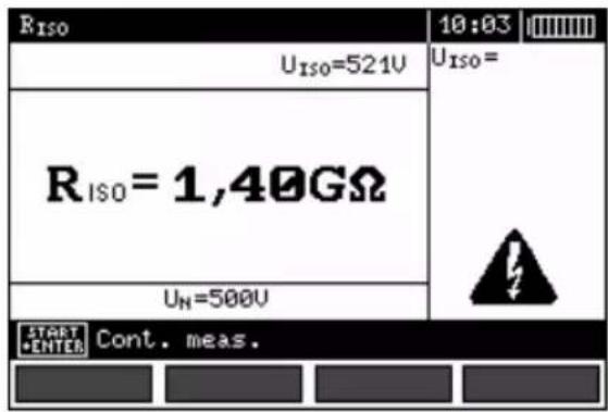 RISO UISO=521V RISO=1,40GΩ UN=500V 10:03 UISO= START +ENTER Cont. meas.