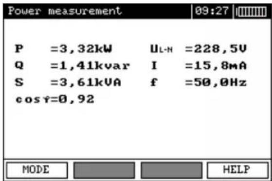 Power measurement P =3,32kW UL-N =228,5V Q =1,41kvar I =15,8mA S =3,61kVA f =50,0Hz cos r=0,92 MODE HELP