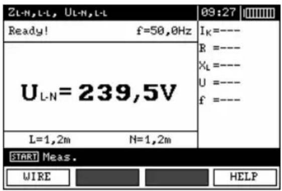 ZL-N,L-L, UL-N,L-L Ready! f=50,0Hz U_L-N = 239,5V L=1,2m N=1,2m 09:27 I_K=---- R =---- X_L=---- U =---- f =---- START Meas. WIRE HELP