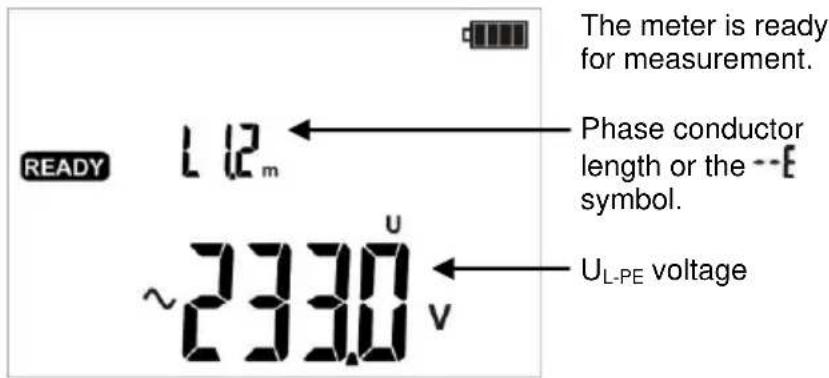 The meter is ready for measurement. Phase conductor length or the --E symbol. ~2330 V UL-PE voltage