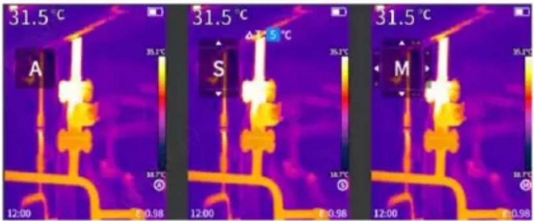 31.5 °C A 35.1°C 31.5 °C S ΔT 5 °C 35.1°C 31.5 °C M 12:00 E:0.98 12:00 E:0.98 12:00 E:0.98