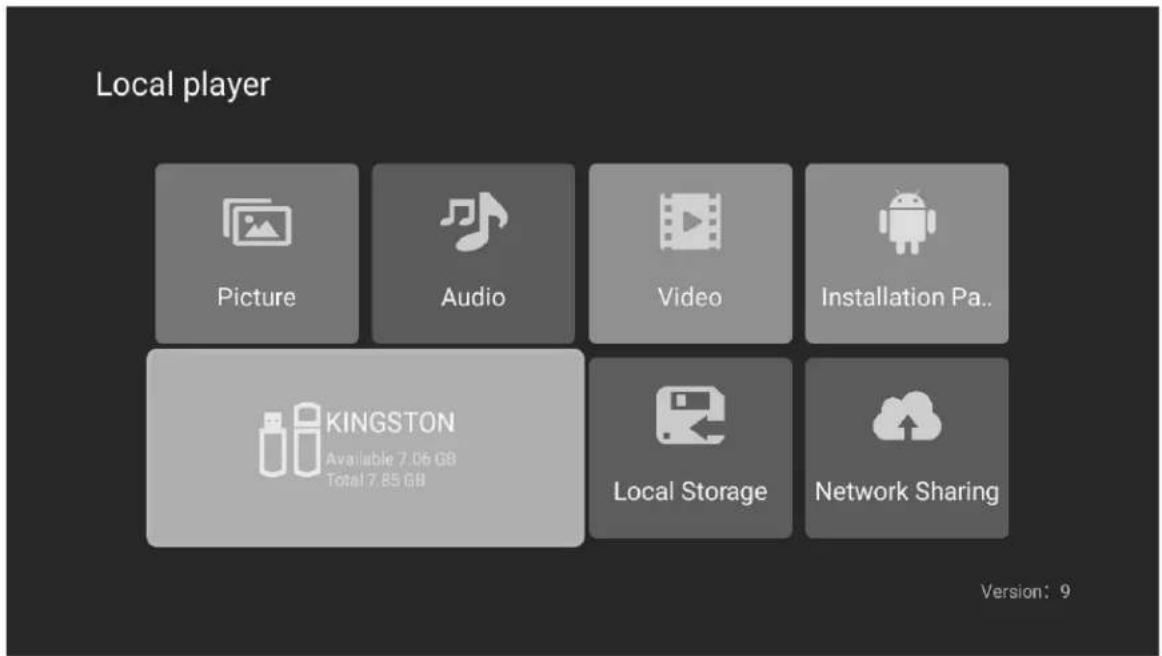 Local player Picture Audio Video Installation Pa.. KINGSTON Available 7.06 GB Total 7.85 GB Local Storage Network Sharing Version: 9