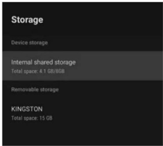 Storage Device storage Internal shared storage Total space: 4.1 GB/8GB Removable storage KINGSTON Total space: 15 GB