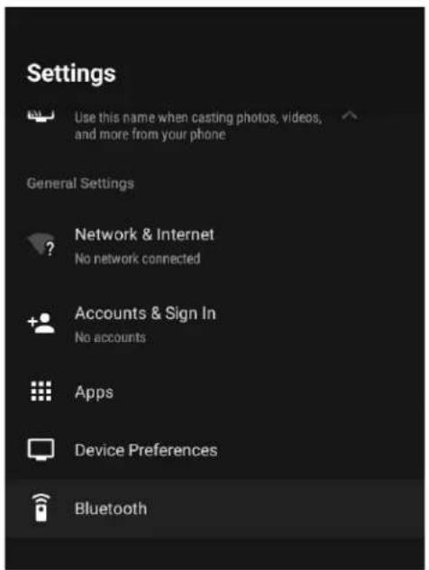Settings Use this name when casting photos, videos, and more from your phone General Settings Network & Internet No network connected Accounts & Sign In No accounts Apps Device Preferences Bluetooth