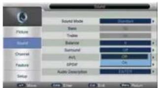 Sound Mode Picture Sound Channel Feature Setup Swiss Truckee Balance Satellite AVL SPDIF Audio Description 0.0123 0.0123