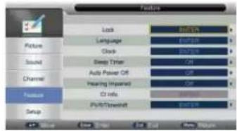 Features Lock Language Clock Sleep Timer Auto Power Off Hearing Impaired CD Info Port/Transmit 4.50000000000000000000000000000000000000000000000000000000000000000000000000000000000000000000000000000 Picture Sound Channel Feature Setup
