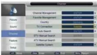 Channel Channel Management 600 GB Favorite Management 600 GB Country 200 GB TV Connection Satellite Auto Search 600 GB DTV Manual Search 300 GB ATV Manual Search 300 GB Satellite System 600 GB Setup 4x 5min New Screen Set Ctrl New Playoff