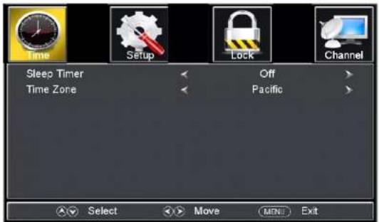 Time Setup Lock Channel Sleep Timer Off Time Zone Pacific Select Move MENU Exit