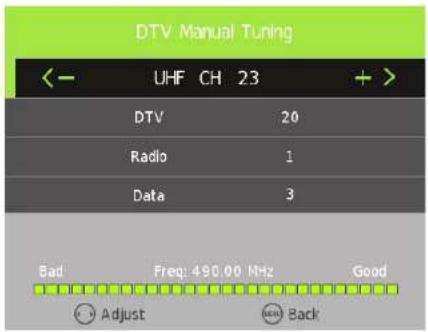 DTV Manual Tuning ← UHF CH 23 + > DTV 20 Radio 1 Data 3 Bad Freq: 490.00 MHz Good Adjust Back