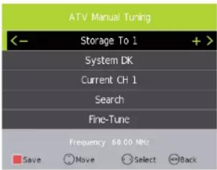 ATV Manual Tuning <- Storage To 1 + > System DK Current CH 1 Search Fine-Tune Frequency 60.00 MHz Save Move Select Back