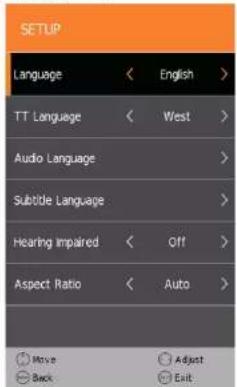 SETUP Language < English > TT Language < West > Audio Language > Subtitle Language > Hearing impaired < Off > Aspect Ratio < Auto > Move Adjust Back Exit