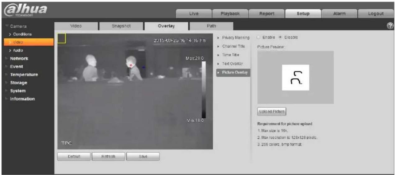 @Jhua TEC 2019-09-25 16:14:16 Fin Marc21.0 Marc1.0 Video Snapshot Overlay Path Privacy Masking Channel Title Time Title Text Overlay Picture Overlay Enable • Discols Picture Preview: Upload Picture Requirement for picture upload 1. Max size is 10k. 2. Max resolution is 128x128 pixels. 3. 256 colors, bmp format. Default Refresh Save