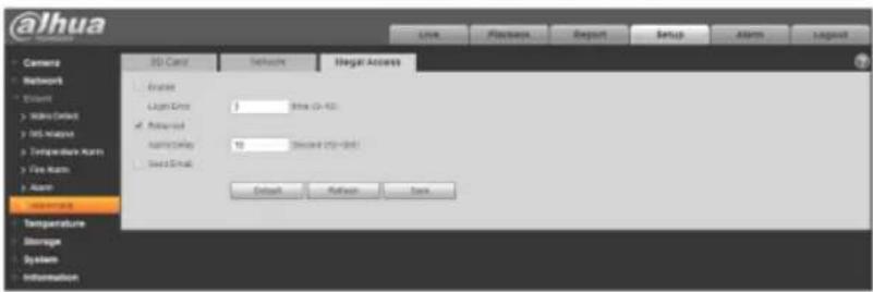 @lhua Camera Network Event Video (labeled) Info Analysis Temperature Alarm Fire Alarm Alarm Temperature Storage System Information 3D Card Settings Illegal Access Engine Light Ctrx 8000 (24-62) Retained Temperature 10 Record (52-84) Send Email Default Platform None