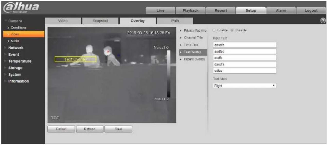 @lhua TECHNOLOGY Live Playback Report Setup Alarm Logout Camera Conditions Video Audio Network Event Temperature Storage System Information Video Snapshot Overlay Path 23:15:09-25 16:18:30 Fri Max.21.0 Text Overlay Max.21.2 TPC Enable Disable Input Text dadfa asfdad asfdia dadfa sdlas Text Align Right Default Refresh Save