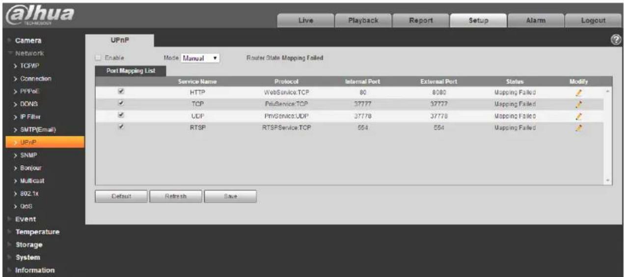 @lhua TECHNOLOGY Live Playback Report Setup Alarm Logout Camera Network TCPMP Connection PPPoE DDNS IP Filter SMTP(Email) UPnP SNMP Bonjour Multicast 802.1x QoS Event Temperature Storage System Information UPnP Enable Mode Manual Router State Mapping Failed Port Mapping List Service Name Protocol Internal Port External Port Status Modify HTTP WebService.TCP 80 8080 Mapping Failed TCP PhiService.TCP 37777 37777 Mapping Failed UDP PhiService.UDP 37778 37778 Mapping Failed RTSP RTSPService.TCP 564 564 Mapping Failed Default Refresh Save