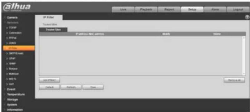 @lhua Camera Networks SPMP Connection PPRAC COMS IP Filter Trainer Sites Source Site IP address: SPAC address Default Delete Add SPAC Default Refresh Save... Runtime Event Temperature Storage Systems Information