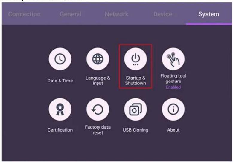 Connection General Network Device System Date & Time Language & Input Startup & Shutdown Floating tool gesture Enabled Certification Factory data reset USB Cloning About