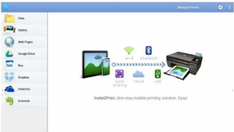 Manage Printers Files Gallery Web Pages Google Drive Box Dropbox OneDrive Evernote w-fi bluetooth local sharing cloud usb InsteQPrint, One-stop mobile printing solution, Easy!