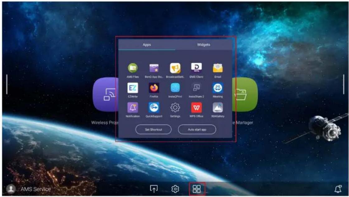 Apps Widgets AMS Files BenO App Inc.. BroadcastStart.. DMS Client Email E2Write Firefox InstaQPrint InstaShare 2 Meeting Notification QuickSupport Settings WPS Office XbitBattery Set Shortcut Auto start app Wireless Project e Manager AMS Service
