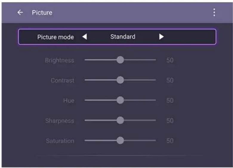 Picture Picture mode Standard Brightness 50 Contrast 50 Hue 50 Sharpness 50 Saturation 50