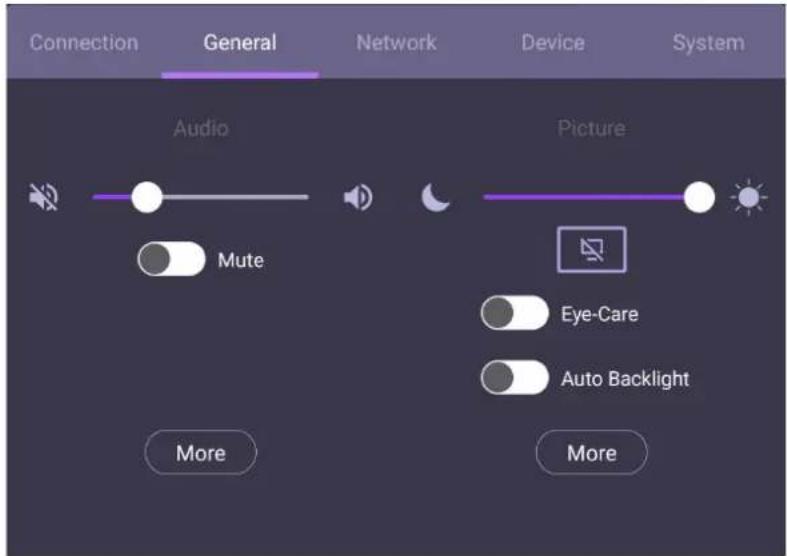 Connection General Network Device System Audio Mute Picture Eye-Care Auto Backlight More More