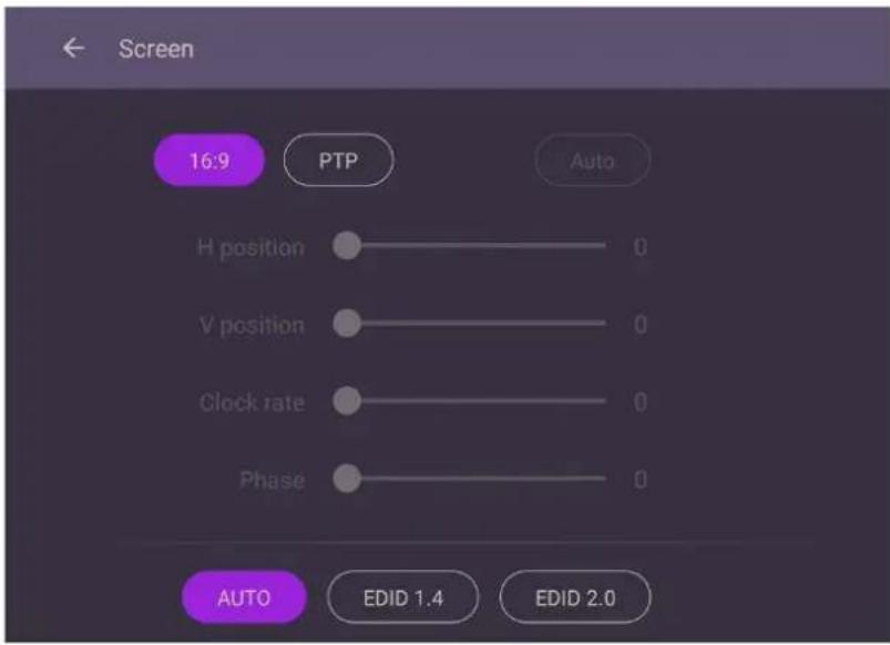 Screen 16:9 PTP Auto H position 0 V position 0 Clock rate 0 Phase 0 AUTO EDID 1.4 EDID 2.0
