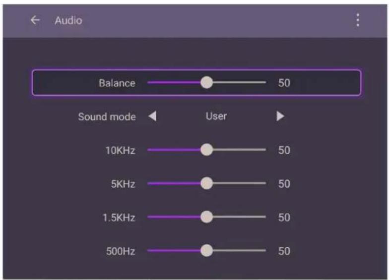 Audio Balance 50 Sound mode User 10KHz 50 5KHz 50 1.5KHz 50 500Hz 50