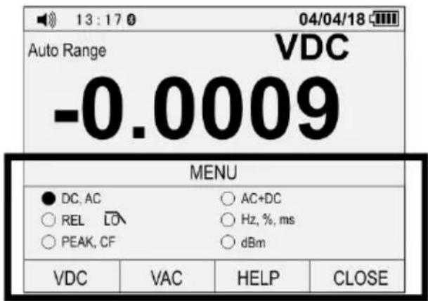 13:17 04/04/18 Auto Range VDC -0.0009 MENU ● DC, AC ○ AC+DC ○ REL □ ○ Hz, %, ms ○ PEAK, CF ○ dBm VDC VAC HELP CLOSE
