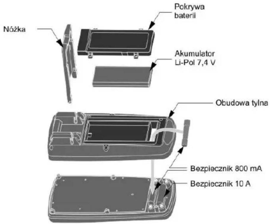 Nóżka Pokrywa baterii Akumulator Li-Pol 7,4 V Obudowa tylna Bezpiecznik 800 mA Bezpiecznik 10 A