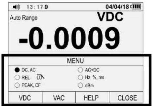 13:17 04/04/18 Auto Range VDC -0.0009 MENU ● DC, AC ○ AC+DC ○ REL LO ○ Hz, %, ms ○ PEAK, CF ○ dBm VDC VAC HELP CLOSE
