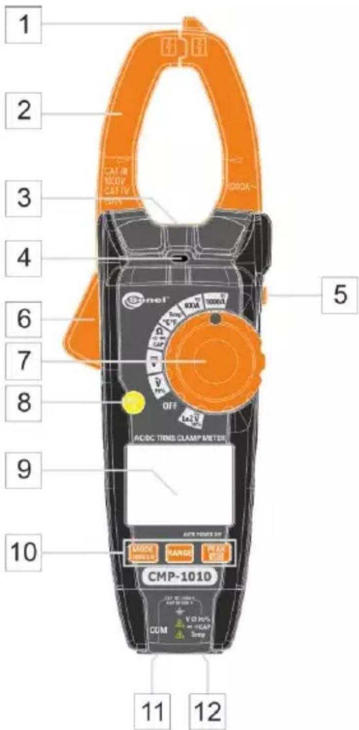 1 2 3 4 5 6 7 8 9 10 11 12 CATE IN 100V CAT IV ON OFF AC/DC THENS CLAMP METER CMP-1010 MODE CHANGE HANGE PEAK STOP COM VCI N/A CAN CHAP Loop