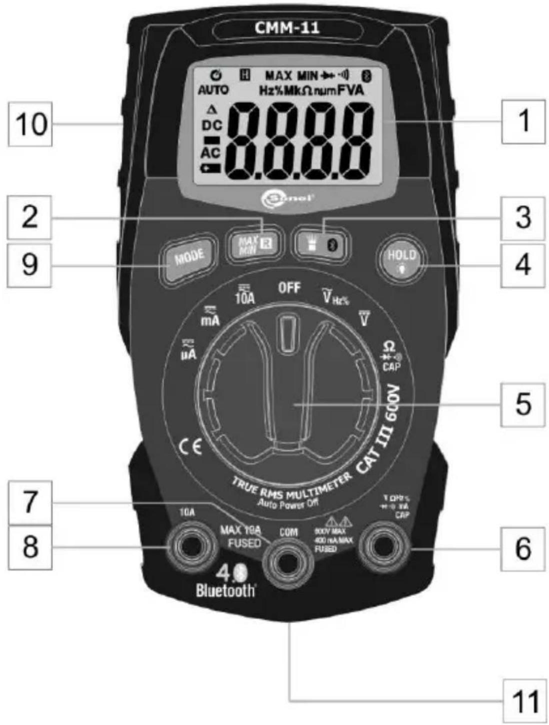 CMM-11 MAX MIN → 0 Hz/MkΩ numFVA AUTO DC AC 0.0.0.0 0.0.0.0 1 2 3 4 5 6 7 8 9 10 MODE MAX MIN OFF VHz% mA μA CAP TRUE RMS MULTIMETER CAT III 600V Auto Power Off 10A MAX 10A FUSED COM 900V MAX 400 mA MAX FUSED TOPS + + + 3A CAP Bluetooth