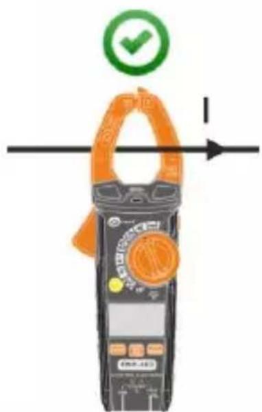 Diagram of a handheld clamp meter with green checkmark and orange handle, indicating status or operation