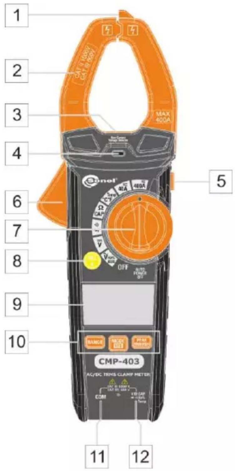1 2 3 4 5 6 7 8 9 10 11 12 CANEL® MAX 400A OFF AUTO FORCE RANGE RACC SIZE PPAS POWER CMP-403 AC/DC TRMS CLAMP METER CAT 5.0 MPa CAT 0.1 GBV COM VBD CAP Terry